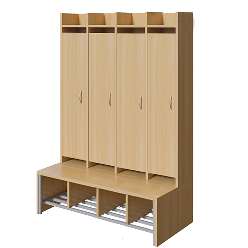 Spindgarderobe, hohe Tür B/H/T: 110x160x55 cm, 4 Plätze, Türen links, Bank, Schuhrost, 3fach-Haken
