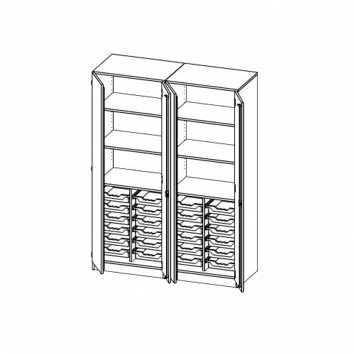 ErgoTray Schrank, zweiteilig, vierreihig, 5 Ordnerhöhen - evo180 Serie B/H/T: 140,6x190x50 cm, viertürig, zweiteilig, mit Sockel (81 mm), mit Mittelwand, mit 24 flachen ErgoTray Boxen