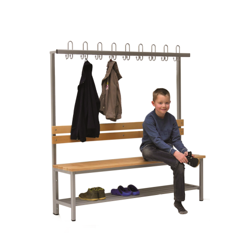 Umkleidebank einseitig mit Sitzfläche Melamin und Hakenleiste B/H/T: 150x45/155x38 cm, Sitzbank mit Schuhrost und Garderobenleiste mit Dreifachhaken, die RAL- Farbe ist wählbar