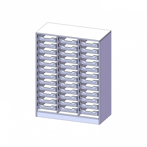 ErgoTray Regal, dreireihig, 3,5 Ordnerhöhen - evo180 Serie B/H/T: 104,5x136x50 cm, mit Sockel (81 mm), 36 flache ErgoTray Boxen