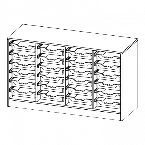ErgoTray Regal, vierreihig, 2 Ordnerhöhen - evo180 Serie B/H/T: 138,7x82x50 cm, mit Sockel (81 mm), 24 flache ErgoTray Boxen