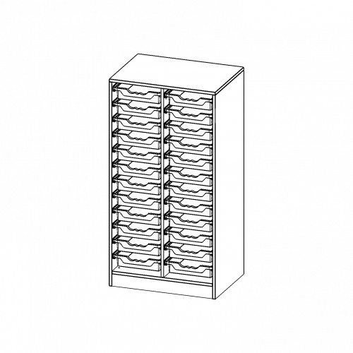 ErgoTray Regal, zweireihig, 3,5 Ordnerhöhen - evo180 Serie B/H/T: 70,3x136x50 cm, mit Sockel (81 mm), 24 flache ErgoTray Boxen