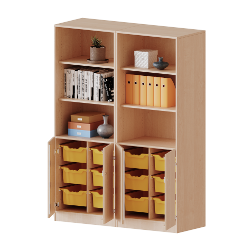 ErgoTray Kombi-Schrank, vierreihig, zweiteilig, 5 Ordnerhöhen - evo180 Serie B/H/T: 140,6x190x50 cm, unten 2 OH Türen und 12 hohe ErgoTray Boxen, oben 3 OH Regal, mit Sockel (81 mm), mit Mittelwand