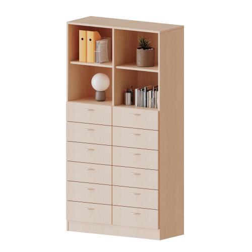 Schubladen - Kombischrank, 5 Ordnerhöhen - Serie evo180 B/H/T: 120x190x50 cm, 12 Schubladen unten, oben 4 offene Fächer, mit Sockel (81 mm)