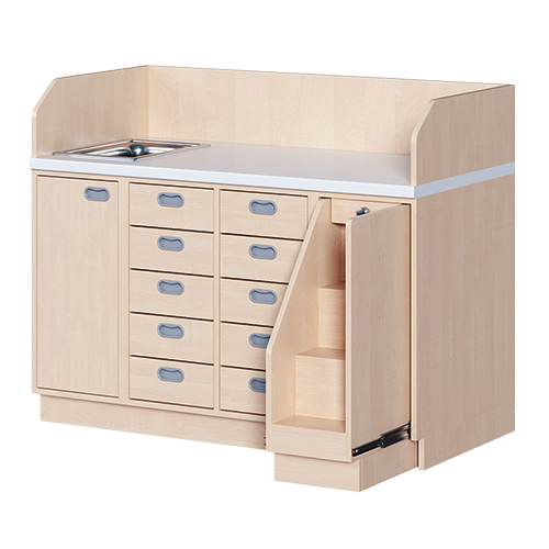 Wickelkommode, dreireihig zuzüglich Waschbecken B/H/T: 143x113x71,5 cm, Ausziehbarer Aufstieg rechts, 10 Schübe und Waschbecken links