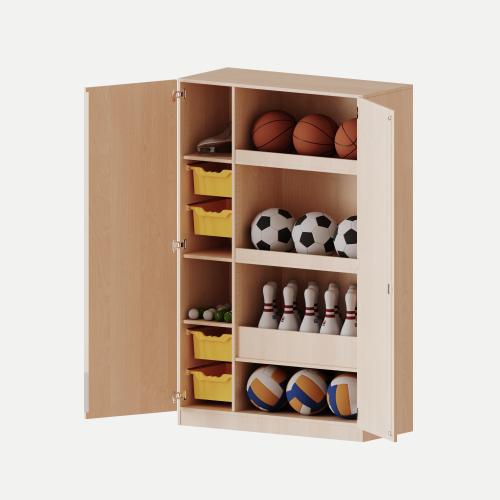 Sportschrank, 5 Ordnerhöhen - Serie evo180 B/H/T: 120x190x50 cm, 4 hohe ErgoTray Boxen, Ballfach, mit Sockel (81 mm)