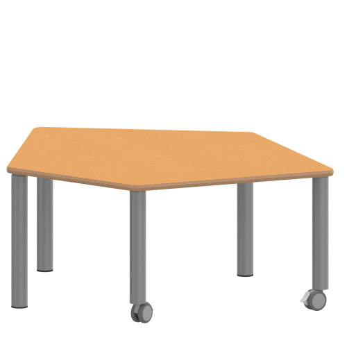 Tisch ZALOTTI mit Linoleum-Belag Fünfecktisch-klein, B/H/T: 121x25x110 cm, Stahlrohrbeine Ø 60 mm, Fußvariante: fahrbar, Tischbeine mit RAL-Farbe 9006 (weißaluminium)