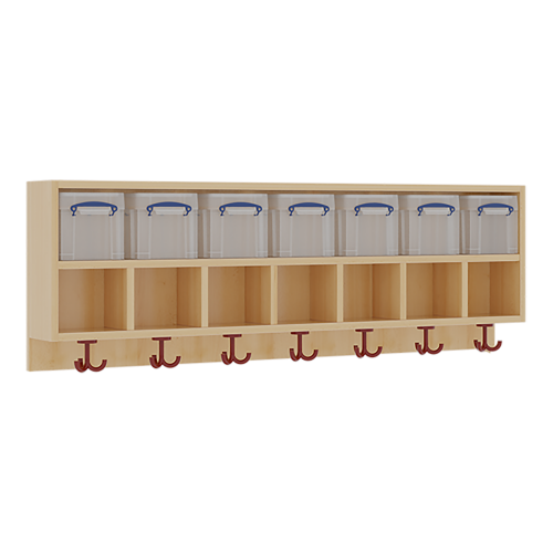 doppelte Garderobenablage B/H/T: 140x46x27 cm, oben 7 Kunststoffboxen mit Deckel, darunter 7 offene ca. 15 cm hohe Fächer, unten 3fach-Haken