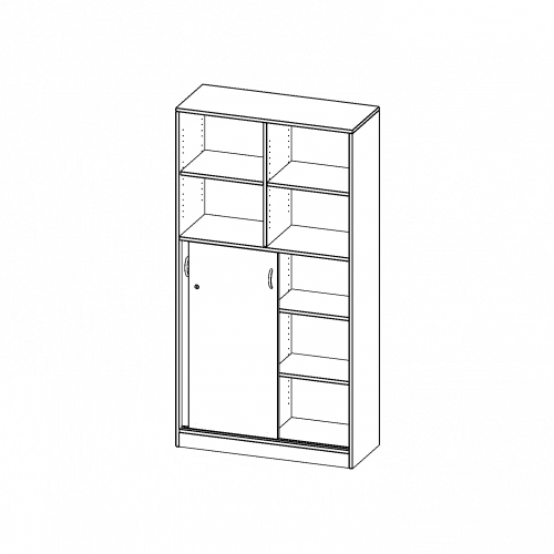 Kombischrank, 5 Ordnerhöhen, Schiebetüren unten (3 OH), oben 2 offene Fächer - Serie evo180 B/H/T: 100x190x40 cm, 2 Schiebetüren, abschließbar, mit Sockel (81 mm)