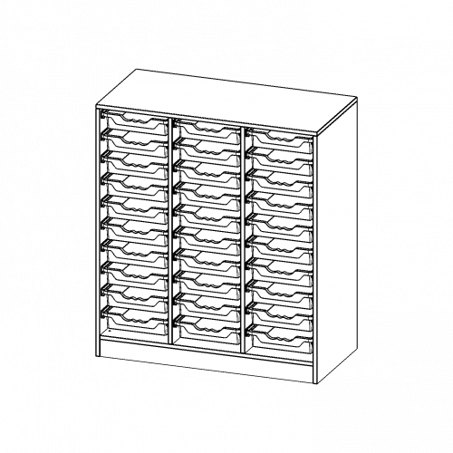 ErgoTray Regal, dreireihig, 3 Ordnerhöhen - evo180 Serie B/H/T: 104,5x118x50 cm, mit Sockel (81 mm), 30 flache ErgoTray Boxen