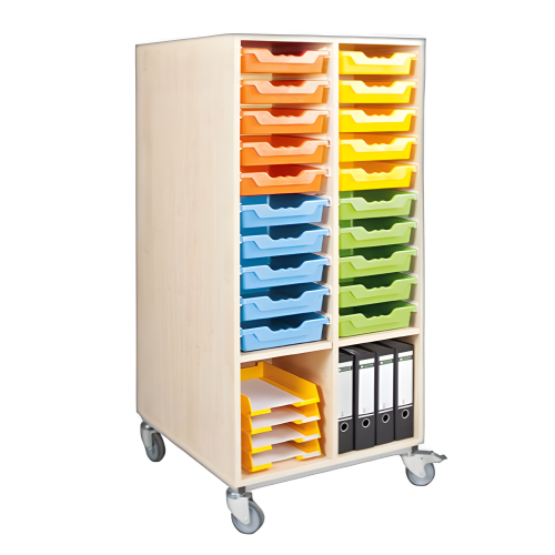 Mobiler Materialturm mit 2 Fächern und 20 flachen ErgoTray Boxen je Seite B/H/T: 70,3x160x80 cm