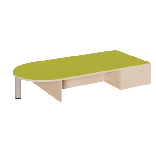 Freiform-Podest, zweiseitig offen und Halbrundansatz, Linoleum-Deckplatte B/H/T: 150x24x70 cm, mit 2 Rollkastengaragen und Halbrundbereich R 35 cm offen mit Stützfuß