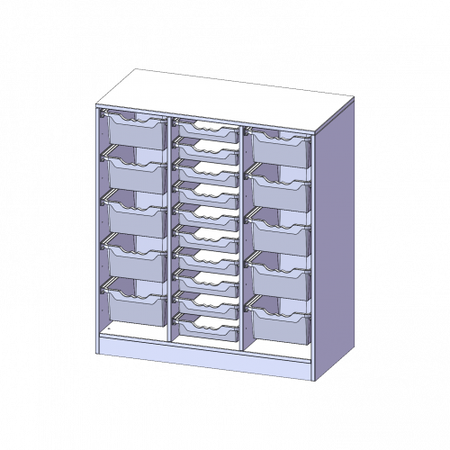 ErgoTray Regal, dreireihig, 3 Ordnerhöhen - evo180 Serie B/H/T: 104,5x118x50 cm, mit Sockel (81 mm), rechts und links je 5 hohe, in der Mitte 10 flache ErgoTray Boxen