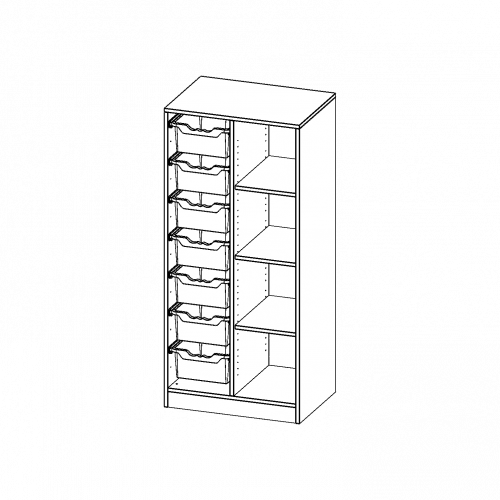 ErgoTray Regal, zweireihig, 4 Ordnerhöhen - evo180 Serie B/H/T: 70,3x154x50 cm, mit Sockel (81 mm), rechts 4 Fächer, links 7 hohe ErgoTray Boxen