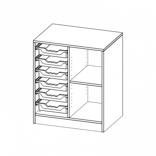 ErgoTray Regal, zweireihig, 2 Ordnerhöhen - evo180 Serie B/H/T: 70,3x82x50 cm, mit Sockel (81 mm), rechts 2 Fächer, links 6 flache ErgoTray Boxen