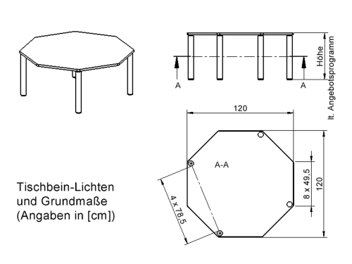 Tisch ZALOTTI mit Schichtstoff-Belag Achtecktisch, B/H/T: 120x41x120 cm, Massivholzbeine Ø 60 mm, Fußvariante: Stellfuß