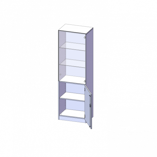 Schrank, 5 Ordnerhöhen, unten Tür (2 OH), oben Vitrinentür (3 OH) - Serie evo180 B/H/T: 60x190x40 cm, 1 geschlossene und 1 Glastür, abschließbar, Türen öffnen nach rechts, Sockel