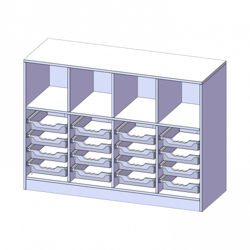ErgoTray Regal, vierreihig, 2,5 Ordnerhöhen - evo180 Serie B/H/T: 138,7x100x50 cm, mit Sockel (81 mm), oben 4 Fächer, unten 16 flache ErgoTray Boxen