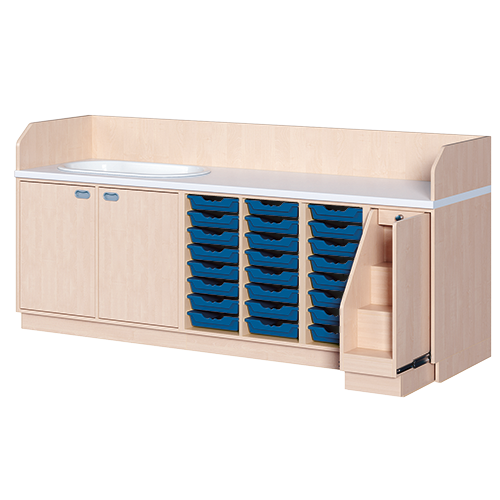Wickelkommode, vierreihig zuzüglich Badewanne B/H/T: 249x113x71,5 cm, Ausziehbarer Aufstieg rechts, 24 Boxen und Badewanne links