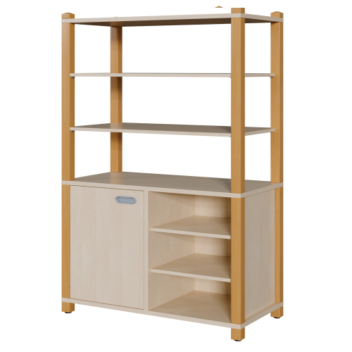 Stollen-Schrank mit einseitiger Tür und 3 offenen Fächern, hoher offener Regalaufsatz B/H/T: 106x180x40 cm, Tür links, Regal rechts, 6 Einlegeböden hoher Regalaufsatz mit 3 Fächern