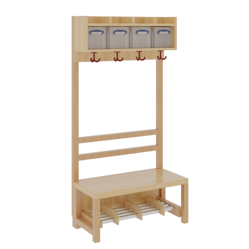 Komplettgarderobe mit einfacher Ablage inklusive Boxen B/H/T: 80x130x39 cm, 4 Plätze, Sitzhöhe 34 cm, offene Stütze, Schuhrost aus Aluminiumrohren mit Trennungen