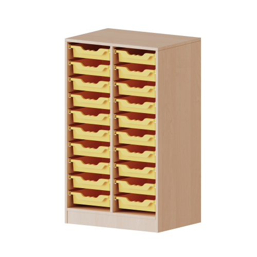 ErgoTray Regal, zweireihig, 3 Ordnerhöhen - evo180 Serie B/H/T: 70,3x118x50 cm, mit Möbelstellfüßen, 20 flache ErgoTray Boxen