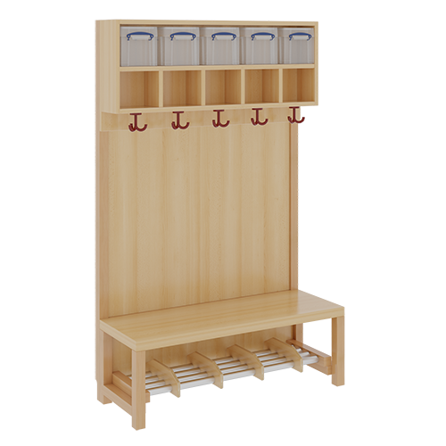 Komplettgarderobe mit doppelter Ablagereihe inklusive Boxen B/H/T: 100x158x39 cm, 5 Plätze, Sitzhöhe 42 cm, Stütze mit Paneelrückwand, Schuhrost aus Aluminiumrohren mit Trennungen
