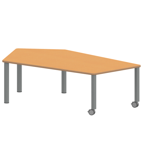 Tisch ZALOTTI mit Linoleum-Belag Fünfecktisch-groß, B/H/T: 185x64x104 cm, Stahlrohrbeine Ø 60 mm, Fußvariante: fahrbar, Tischbeine mit RAL-Farbe 9006 (weißaluminium)