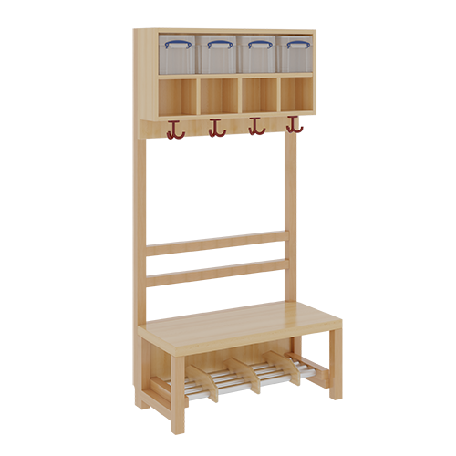 Komplettgarderobe mit doppelter Ablagereihe inklusive Boxen B/H/T: 80x158x39 cm, 4 Plätze, Sitzhöhe 26 cm, offene Stütze, Schuhrost aus Aluminiumrohren mit Trennungen