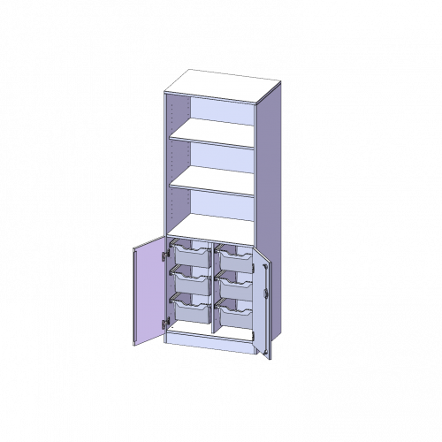 ErgoTray Kombi-Schrank, zweireihig, 5 Ordnerhöhen - evo180 Serie B/H/T: 70,3x190x50 cm, 2 OH unten mit Türen und 6 hohen ErgoTray Boxen, oben 3 OH Regal, mit Sockel (81 mm)
