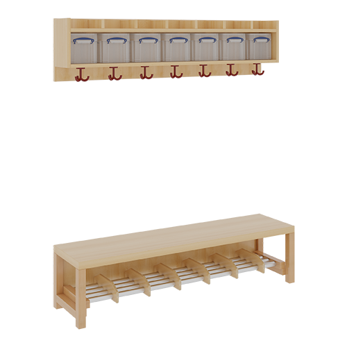 Komplettgarderobe mit einfacher Ablage inklusive Boxen B/T: 140x35 cm, 7 Plätze, Sitzhöhe 34 cm, 2teilig ohne Stütze, Ablage zur Wandmontage, Alurohr-Schuhrost mit Trennungen