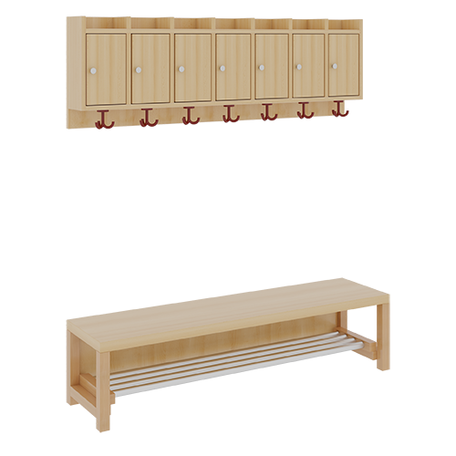 Komplettgarderobe mit Ablagen und Türen B/T: 140x35 cm, 7 Plätze, Sitzhöhe: 34 cm, 2teilig ohne Stütze, Ablage zur Wandmontage, mit Schuhrost aus Aluminiumrohren