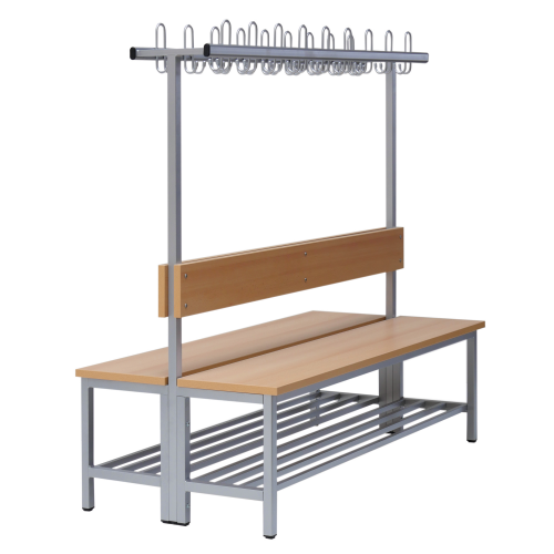 Umkleidebank doppelseitig mit Sitzfläche Melamin und Hakenleiste B/H/T: 100x45/155x73 cm, doppelseitige Sitzbank, feuerhemmend, mit Schuhrosten, Garderobenleiste mit Dreifachhaken