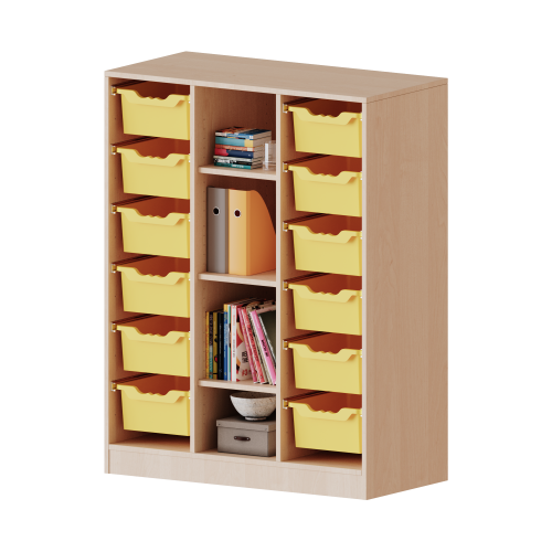 ErgoTray Regal, dreireihig, 3,5 Ordnerhöhen - evo180 Serie B/H/T: 104,5x136x40 cm, mit Sockel (81 mm), rechts und links je 6 hohe ErgoTray Boxen, 4 Fächer in der Mitte
