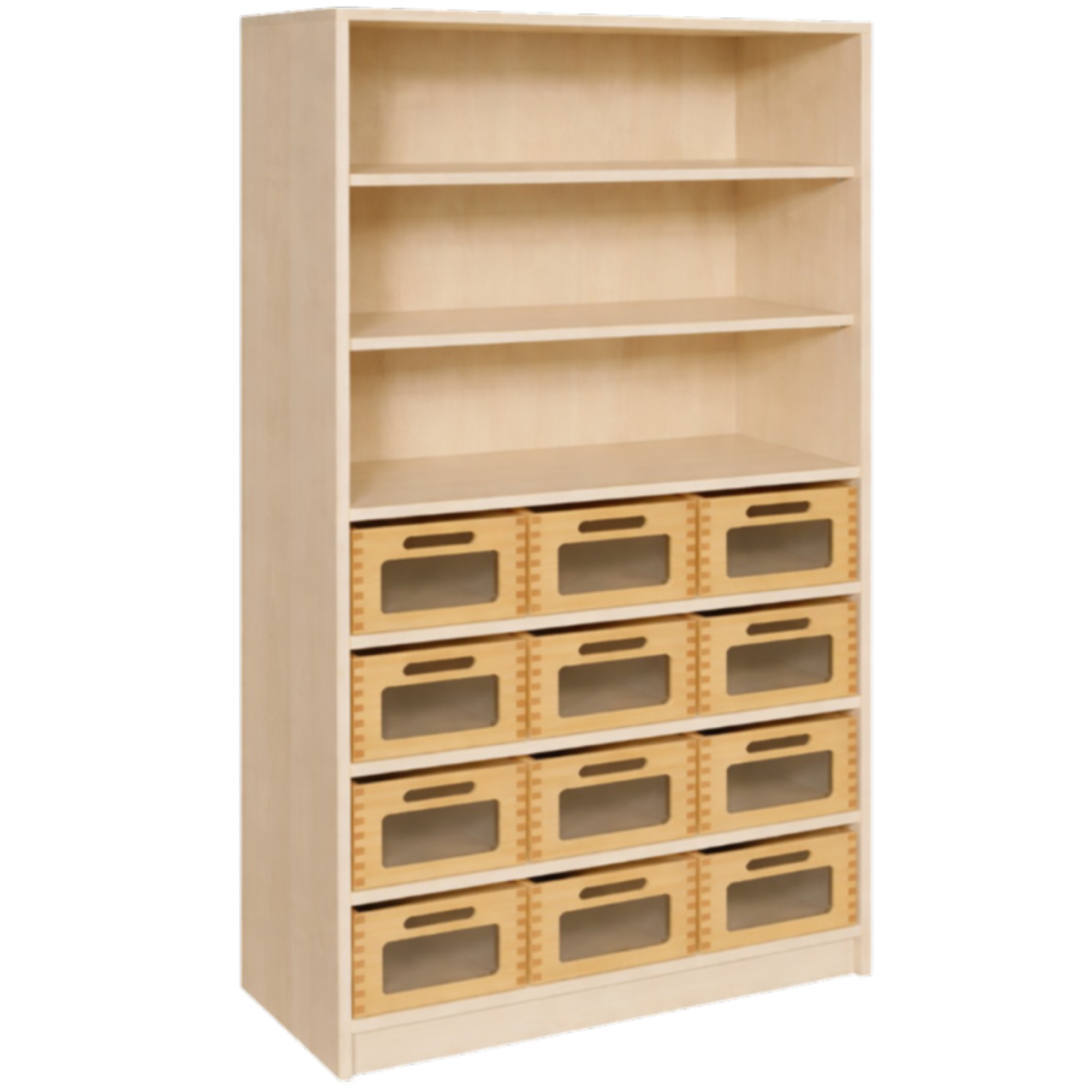 Korpus-Regal mit Materialkästen und offenen Fächern B/H/T: 102x160x40 cm, mit 12 Massivholz-Kästen mit Sichtfenster, oben Regal mit 3 Fächern
