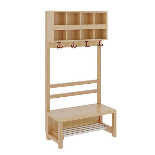 Komplettgarderobe mit doppelter Ablagereihe B/H/T: 80x158x39 cm, 4 Plätze, Sitzhöhe: 42 cm, offene Stütze in Buche-massiv, mit Schuhrost aus Aluminiumrohren