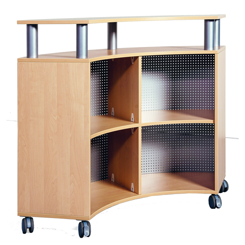 Empfangstresen B/H/T: 140x109x57 cm, aus feuerhemmendem Material - Dekor Birke, fahrbares Viertelkreisregal mit Aufsatzbord