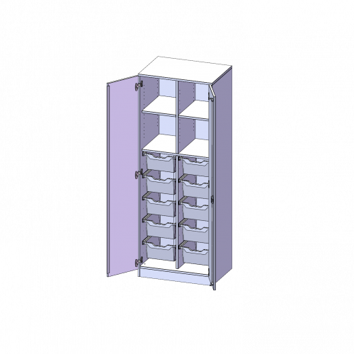 ErgoTray Schrank, zweireihig, 5 Ordnerhöhen - evo180 Serie B/H/T: 70,3x190x50 cm, zweitürig, mit Sockel (81 mm), mit Mittelwand, mit 10 hohen ErgoTray Boxen