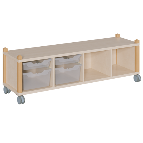 fahrbares Regal in Stollenbauweise B/H/T: 143,3x42,5x40 cm, in 4 Reihen 2 flache und 2 hohe ErgoTray-Boxen und 2 Fächer