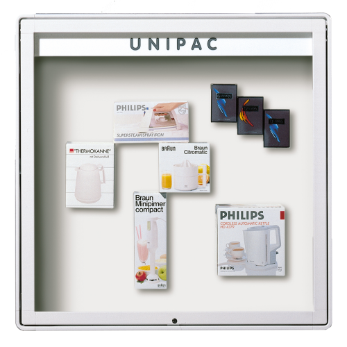 Vitrine W7 mit Klapptür zur Außenwandmontage B/H/T: 182x107x13 cm, Rückwand Stahl