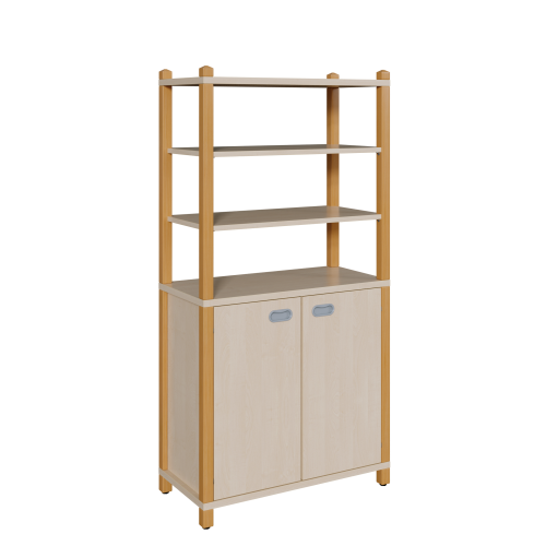 Stollen-Schrank mit 2 Türen, oben 3 offene Fächer B/H/T: 82x160x40 cm, unten 2 Türen, 2 Einlegeböden für 3 große Fächer, oben offen mit 2 Einlegeböden für 3 weitere Fächer