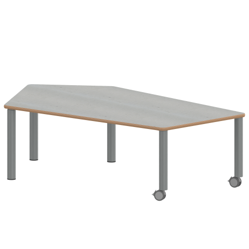 Tisch ZALOTTI mit Linoleum-Belag Fünfecktisch-groß, B/H/T: 185x64x104 cm, Stahlrohrbeine Ø 60 mm, Fußvariante: fahrbar, Tischbeine mit RAL-Farbe 9006 (weißaluminium)