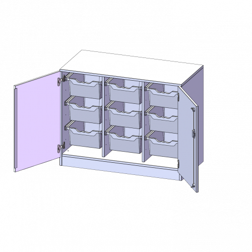 ErgoTray Schrank, dreireihig, 2 Ordnerhöhen - evo180 Serie B/H/T: 104,5x82x50 cm, zweitürig, mit Sockel (81 mm), mit 9 hohen ErgoTray Boxen