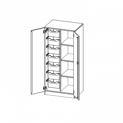 ErgoTray Schrank, zweireihig, 4 Ordnerhöhen - evo180 Serie B/H/T: 70,3x154x50 cm, zweitürig, mit Sockel (81 mm), mit 7 hohen ErgoTray Boxen