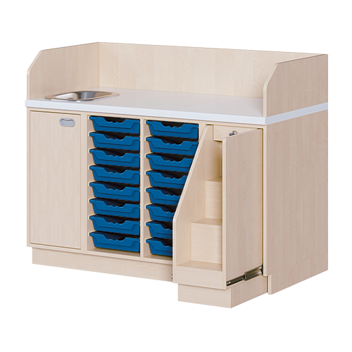 Wickelkommode, dreireihig zuzüglich Waschbecken B/H/T: 143x113x91,5 cm, Ausziehbarer Aufstieg rechts, 16 Boxen und Waschbecken links