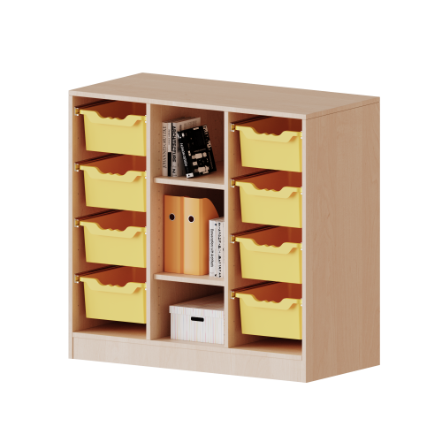 ErgoTray Regal, dreireihig, 2,5 Ordnerhöhen - evo180 Serie B/H/T: 104,5x100x40 cm, mit Sockel (81 mm), rechts und links je 4 hohe ErgoTray Boxen, 3 Fächer in der Mitte