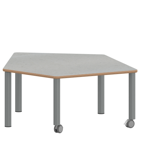 Tisch ZALOTTI mit Linoleum-Belag Fünfecktisch-klein, B/H/T: 121x25x110 cm, Stahlrohrbeine Ø 60 mm, Fußvariante: fahrbar, Tischbeine mit RAL-Farbe 9006 (weißaluminium)