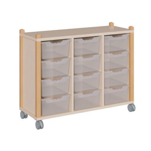 fahrbares Regal in Stollenbauweise B/H/T: 109x82,5x40 cm, in 3 Reihen 12 hohe ErgoTray-Boxen