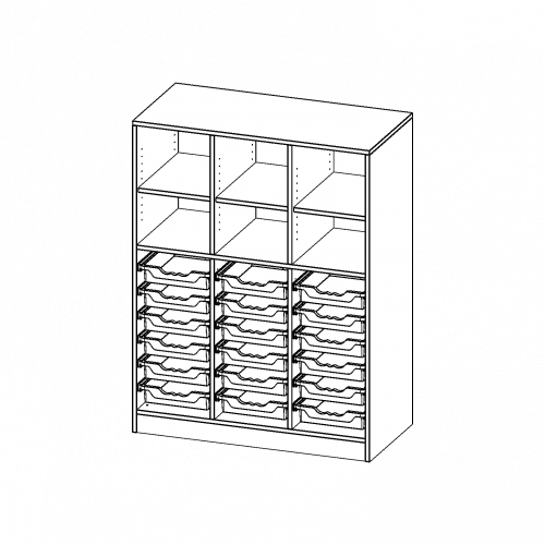 ErgoTray Regal, dreireihig, 3,5 Ordnerhöhen - evo180 Serie B/H/T: 104,5x136x50 cm, mit Sockel (81 mm), unten 18 flache, oben 6 Fächer