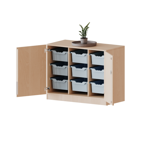 ErgoTray Schrank, dreireihig, 2 Ordnerhöhen - evo180 Serie B/H/T: 104,5x82x50 cm, zweitürig, fahrbar, mit 9 hohen ErgoTray Boxen